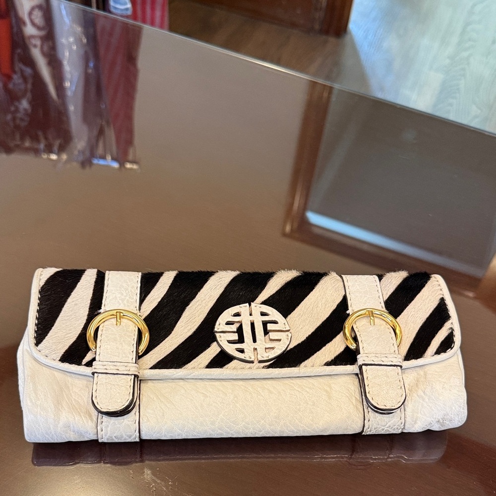 ANTONIO MELANI Black and White Zebra Print Foldover Clutch with Gold Accent